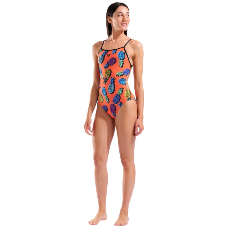 Жіночий спортивний купальник для плавання на зав'язках Arena PINEAPPLES SWIMSUIT TIE BACK (010706-350) з ананасами розмір 40