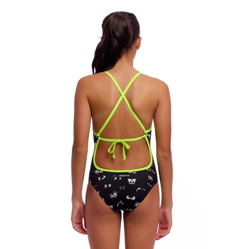 Дитячий спортивний купальник Funkita Girl's Tie Me Tight One Piece Eye Spy (FKS036G72157) розмір 14 чорні з очами